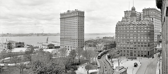 Partial view of New York Harbor during World War Two. 