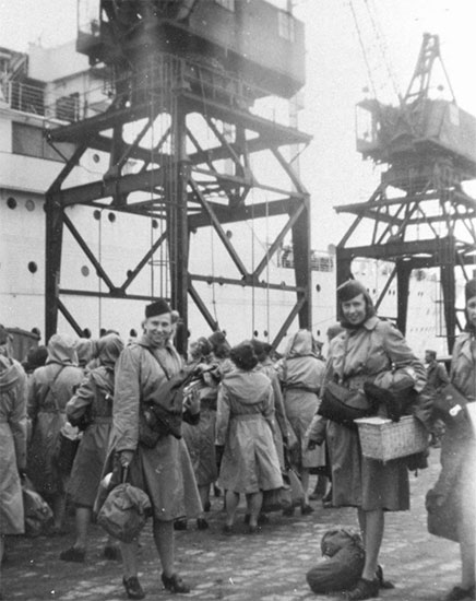 Group of ARC personnel ready to board ship for return to the Zone of Interior, August 19, 1945.