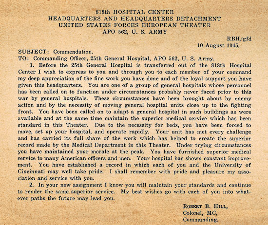 Official Commendation dated August 10, 1945, and signed by Colonel Robert B. Hill, CO 818th Hospital Center, USFET, APO # 562.