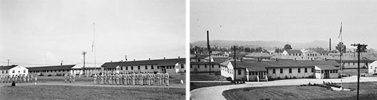 Left: Reveille formation and Flag raising, Nichols General Hospital, Louisville, Ken,tucky. Right: Partial view of wood barracks and offices; Nichols General Hospital, Louisville, Kentucky.