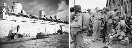 eft: Partial view of RMS Queen Mary in her wartime livery. Picture taken in a British port during World War Two. Right: Partial scene illustrating arrival of US troops at Gourock, Scotland in 1943. Between May 1942 and December 1944, 339 troopships arrived in the Clyde from the United States. They brought with them 1,319,089 GIs to the United Kingdom. Both Gourock and Greenock were very busy ports throughout the war.