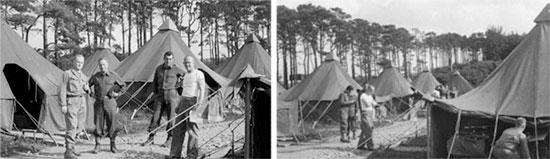 25th General Hospital set up at Tidworth, Wiltshire, England, in June-July 1944. From L to R: Captain James R. Mack; Captain Max Haas; Captain Dudley A. Wolfe, and Lt. Colonel Edward C. Elsey. Another aspect of the same picture illustrating the Officers and M-1934 pyramidal tents.