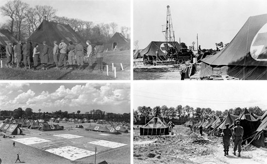 Some aspects of the 25th General Hospital while established at Lison, France, during the period August-November 1944. Top Left: Medical and Army Nurse Corps Officers form a line for chow. Top Right: Drilling for water at the medical concentration center. Bottom Left: Partial view of the general setup at Lison. Bottom Right: Row of tentage in the mud. 