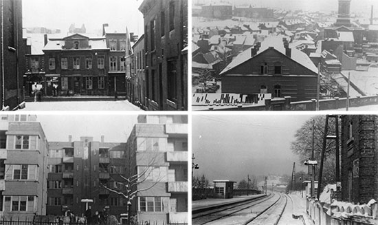 Temporary setup of 25th General Hospital at Liège, Belgium, during January-February 1945. Top Left: Schoolhouse where the organization headquarters and administration were temporarily housed.      Top Right: Doctors’ and Nurses’ quarters in Liège. Bottom Left: Apartment buildings where the Enlisted Men were temporarily quartered. Bottom Right: Train tracks in the snow, Morlanwez, Belgium.