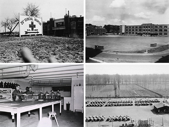 Top left: General entrance and sign indicating the 25th General Hospital, when established at the former Belgian military barracks (5-buildings complex), at Tongres, Belgium. Top right: Partial view illustrating the athletic and parade grounds in front of the 25th General Hospital, Tongres, Belgium. Bottom left: Interior view of the 25th General Hospital’s pharmacy, Tongres, Belgium. Bottom right: View of the enemy PW enclosure near the military barracks complex occupied by the 25th General Hospital, while operating at Tongres, Belgium.