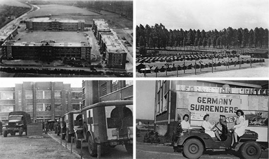 Setup of 25th General Hospital at Tongres military barracks, Belgium, from March to August 1945. Top Left: Aerial view of the military buildings complex. Top Right: Partial view of the PW enclosure holding 250 German prisoners attached to the hospital. Bottom Left: Picture showing some ambulances ready to unload their patients at the hospital. Bottom Right: ARC ladies in a jeep in front of a panel announcing the surrender of Germany and V-E Day. 
