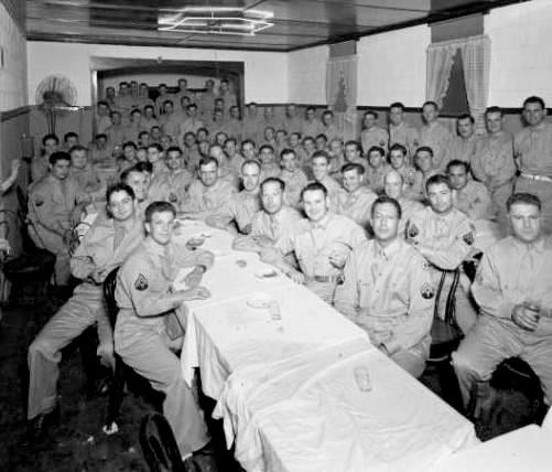 NCO dinner party held after completing the 10-day bivouac at Fort Knox, Louisville, Kentucky during summer of 1943.