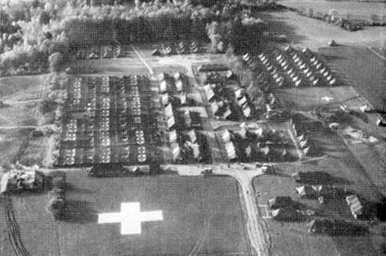 Aerial view of the 27th Evacuation Hospital during its time in Xertigny, Vosges.