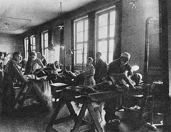 Classroom converted into an 8-table operating room, at Fénétrange, France. The 27th Evacuation Hospital was housed in an abandoned Roman Catholic School where they operated from March 19 until March 24, 1945. Courtesy UIC.