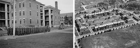 Scenes illustrating Fort Devens, Ayer, Massachusetts. Left: formation ready for drill in front of one of the large buildings at Fort Devens, 1940-1941. Right: aerial view of “Vicksburg Square”, Fort Devens 1942.