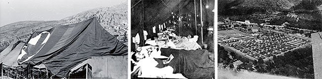  Different scenes illustrating the Maddaloni, Italy, setup where the 27th Evacuation Hospital remained from May 15 until August 2, 1944. Left: partial view of ward tents. Center: Nurses attend patients in one of the post-operative wards. Right: aerial view of the site where the the Hospital was established, and started receiving casualties as from May 22, 1944. Courtesy UIC.