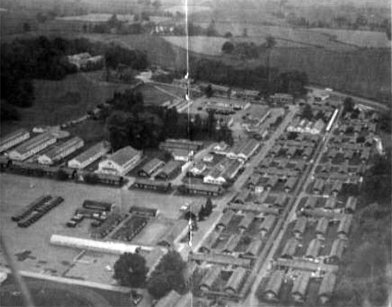 Partial aerial view showing Norton Manor Camp, the first home in the United Kingdom for the 101st General Hospital. 