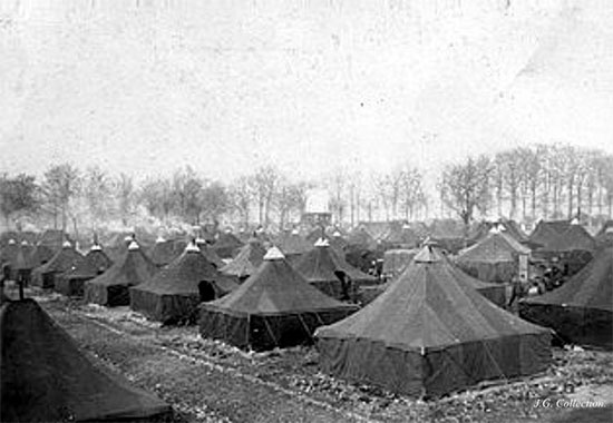 General view showing winterized pyramidal tents pitched at Camp Twenty Grand, one of several "Cigarette Camps" located in northern France. 