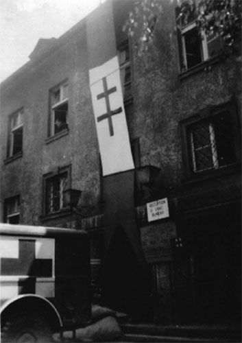 Exterior view of one of the buildings used by the 623d Med Clr Co and the 108th Evacuation Hospital in Rennes, France. Photograph taken August 1944.Courtesy Christine Smith