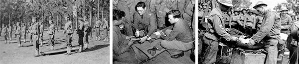 Some aspects of training while the 298th General Hospital was stationed at Camp Joseph T. Robinson, Zone of Interior. Left: Ready for Litter Drill. Center: How to perform a Leg Splint. Right: How to treat and bandage a Head Wound.