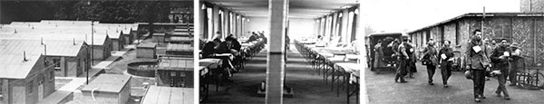 Some general views of the 298th General Hospital while set up at Frenchay Park, near Bristol, England. Left: Partial view of the wards at Frenchay Hospital. Center: Partial inside view of wards at Frenchay Hospital. Right: Arrival of a group of walking wounded evacuating from the Continent, at Frenchay Hospital.