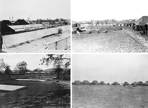 Photos taken during the different construction phases of the 298th General Hospital, at Alleur, near Liège, Belgium. Top Left: Concrete blocks (floors) and wooden board sidings are being erected. Top Right: Prisoner of War labor details at work during the early construction phase of the Hospital. Bottom Left: Concrete floors ready for construction and surgery buildings in the background. Bottom Right: Overall view of the 298th General Hospital’s tented camp in the distance.