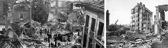 Some views illustrating the enormous destructions caused by the flying bombs, V-1 and V-2. Left: 1944, destruction caused by V-1 flying bombs in Antwerp, Belgium. Center: 1945, destruction caused by a V-2 rocket in London, England. 