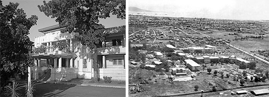 Left: Front view of Quezon Institute, Manila, Philippine Islands. Right: Aerial view of the buildings pertaining to the Quezon Institute complex, Manila, Philippine Islands.