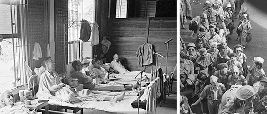 Left: Civilian internees, former captives of the Japanese, receive the necessary treatment and care at one of the Hospitals set up in Manila, prior to evacuation to the ZI. Right: US Army Nurses recently liberated from Japanese captivity, board a plane that will return them to the United States.