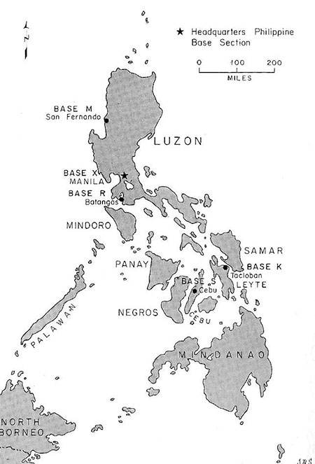 Map illustrating the different Bases in the Philippine Islands, with Headquarters and Base X combined in Manila, the capital city.