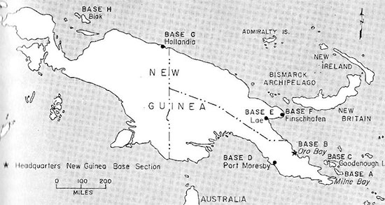 Map illustrating the different Bases in New Guinea, with Headquarters established at Oro Bay (Base B). Colonel Emmett B. Litteral, MC, (CO, 80th Gen Hosp) was appointed Base B Commanding Officer from 4 September 1944 to 1 January 1945, after which he returned to his previous unit, reassuming command of the Hospital. He was succeeded by Colonel V. L. Bolton, MC, as Commanding Officer of Base B. The 80th General Hospital was located at Base A, Milne Bay, New Guinea.