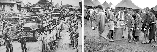 Left: Japanese Prisoners of War are being regrouped in Manila, prior to being moved to a PW enclosure. Right: Japanese PWs are being fed at Prison Camp No. 1, on Luzon, Philippine Islands, April 1945.