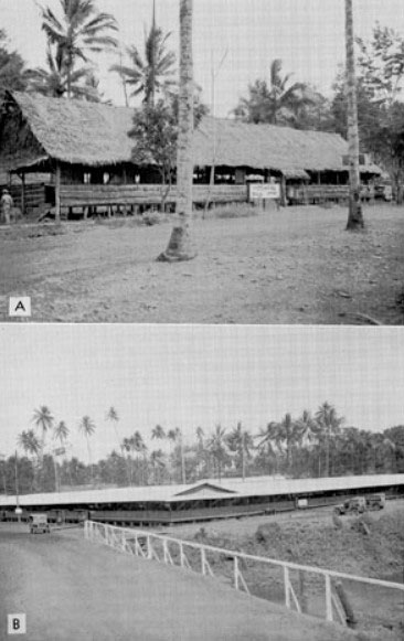 Separate views of New Guinea Base installations. Headquarters. Top (A), Base A, Milne Bay, Headquarters building, 3 January 1944. Bottom (B), Base A, Milne Bay, Operations building, 5 October 1944.