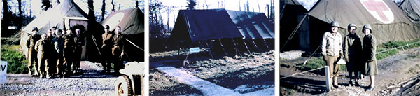 Lison, France, Medical Concentration Area, where the 189th General Hospital set up bivouace and conducted parallel training. Left: personnel in front of some M-1934 Pyramidal tents. Center: private quarters of Major Herman G. Janssen, DC, O-319236 (the Officer had a Fly, 24-F-150, Fire-Resistant, Tent, Wall, Small, OD, installed in front of his Tent, Fire-Resistant, Wall, Small, OD, 24-T-323). Right: Officer and Nurses standing in front of a Tent, Fire-Resistant, Squad, M-1942, OD, 24-T-320-34.