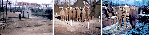 More scenes taken during the Hospital’s stay at Lison, Calvados, France. Left: main gate to the 189th General Hospital installations. Center: group of personnel pertaining to the staff of the Dental Clinic. Right: another group of personnel during winter.