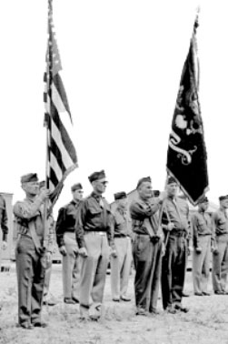 Picture of the Color Guard during formation at Camp Barkeley, Abilene, Texas, where the 189th General Hospital was activated 20 August 1944.