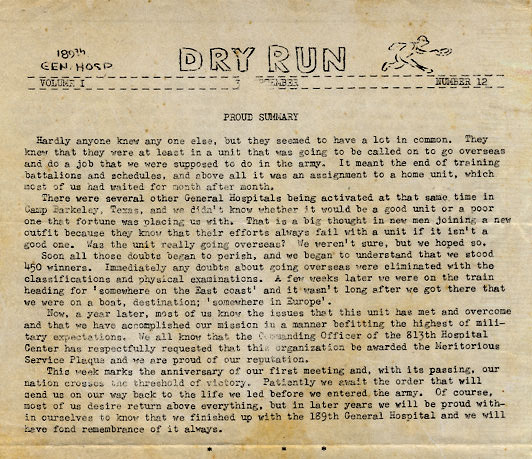 Partial copy of “Dry Run”, the newspaper edited and published by the 189th General Hospital (this particular sample is dated 3 September 1945).