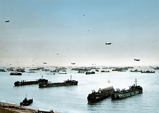 Partial aerial view of Omaha Beach, France, where debarkation of the 189th General Hospital took place 15 October 1944. The West Point remained off shore while her passengers were transferred to the beach by LCT (Landing Craft Tank).