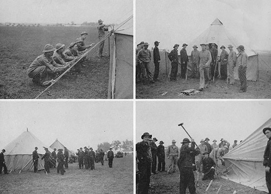 Training at Camp Barkeley. These particular scenes illustrate tent pitching; the type used is the Tent, Pyramidal, M-1934, Khaki, Stock Number 24-T-222, with a maximum capacity for 8 men (w/o the stove). 