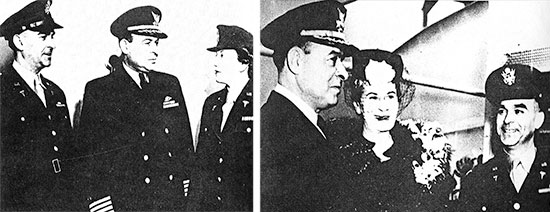 Official photographs taken during the Hospital Ship’s Commissioning. Left: Lt. Colonel Vincent J. Amato (Commanding Officer, 200th Medical Hospital Ship Complement); Captain John W. Kirchner (Master, USAHS Louis A. Milne); Captain Geneviève G. Thorpe (Chief Nurse, 200th Medical Hospital Ship Complement. Right: Captain John W. Kirchner (Ship’s Master); Mrs. Sue Madera Milne (Widow, Colonel Louis A. Milne); Lt. Colonel Vincent J. Amato (CO, 200th Medical Hospital Ship Complement).