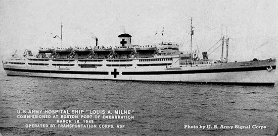 Official photograph illustrating the US Army Hospital Ship Louis A. Milne, taken after her commissioning, Friday, 16 March 1945, Boston, Massachusetts. 