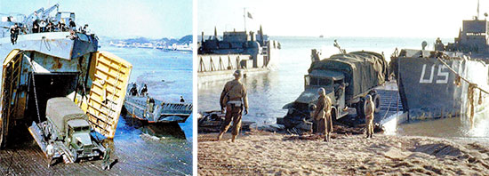 Preparing for D-Day; landing exercises conducted in Devonshire prior to Operation “Overlord” (6 June 1944); 2 1/2-ton cargo trucks move in reverse onto waiting landing craft, at berth near the training beaches, North Devonshire. 