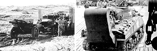 Pictures illustrating pre-Invasion Exercises in Devonshire. Left: Unloading a 2 1/2-ton cargo truck at a concrete LCT (due to a shortage of landing crafts, rough concrete models were built, enabling vehicle drivers to train properly for loading and unloading). Right: M-4 Sherman reversing onto a waiting LST. Of special interest is the armored vehicle’s deep wading gear.   