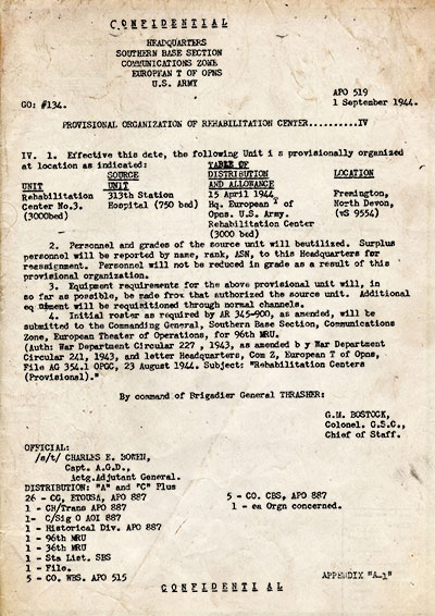 Copy of vintage document dated 1 September 1944 indicating the conversion of the 313th Station Hospital to a “Rehabilitation Center”. 