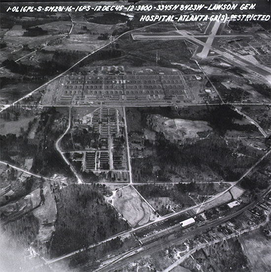 Aerial view of Lawson General Hospital (picture dated 12 Dec 45), Atlanta, Georgia, which furnished the initial cadre to help organize the 313th Station Hospital.   