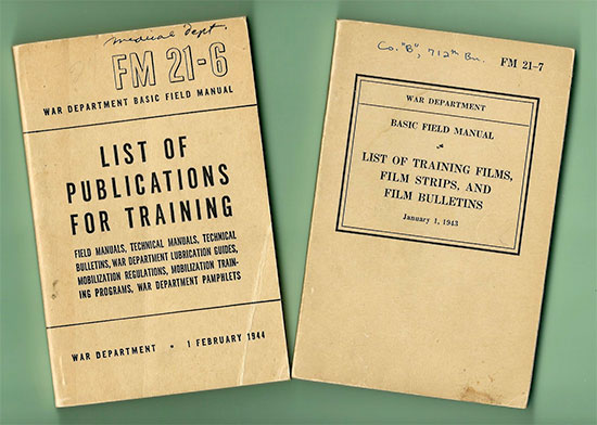 Picture illustrating some of the Field Manuals used during Training by the 313th Station Hospital.