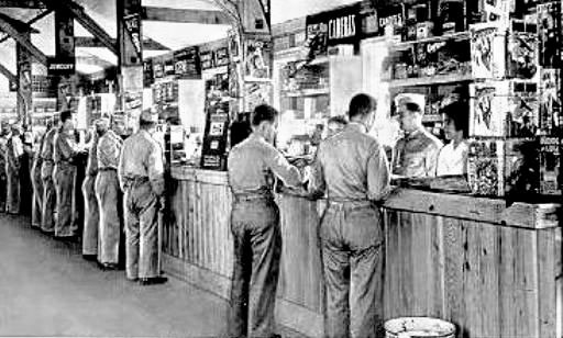 Picture illustrating one of the many Post Exchanges at Camp Kilmer, Stelton, New Jersey. The 313th Station Hospital transited via Camp Kilmer, one of the Staging Areas for the New York Port of Embarkation.