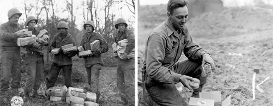 26 November 1944, Bastogne, Belgium. Left: Unidentified GIs receive bundles from home while stationed in Bastogne, a welcome treat for the coming Christmas. Right: 3 December 1944, another soldier opens a food package received from his next-of-kin in the Zone of Interior.