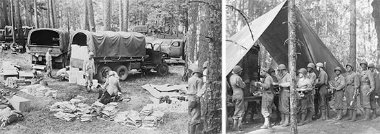 Aspects of Training in the Zone of Interior. Left: A Quartermaster Corps supply unit delivers items of equipment to troops in the field. Right: Servicemen line up for chow.