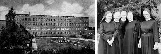 From L to R: Picture illustrating the Kloster “St. Maria Stern” (Convent) in Göggingen, near Augsburg, Germany. Priest and 4 Nuns pertaining to the St. Maria Stern Convent, Germany.