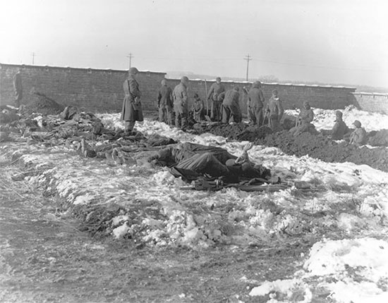 December 1944, Bastogne Perimeter, Belgium. German Prisoners of war dig graves to bury American dead.