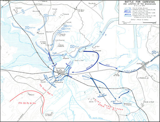 Map describing the Battle for Carentan, France, June 8-12, 1944.