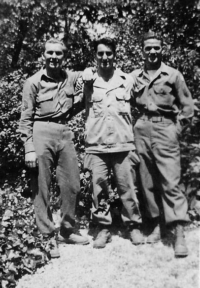 Personnel of the 60th Field Hospital. From L to R: Alfred J Francis, 33594442; Vincent Dendrea, 32959516; Robert J Carroll,  32605096 (all members of the Second Hospitalization Unit).