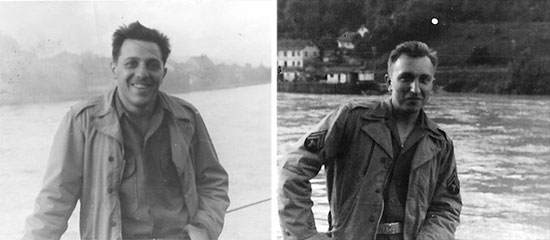 Personnel of the 60th Field Hospital. From L to R: Rudolph D. Carpino, 32811964 and Joseph A. Suly, 33672750 (both of the Second Hospitalization Unit). Unknown river in the background, Belgium or Germany.